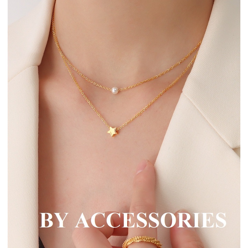 Dây chuyền nữ titan 2 tầng xích mảnh phối hạt ngọc trai nhân tạo và ngôi sao nhỏ xinh mạ vàng 18K không gỉ WN2399