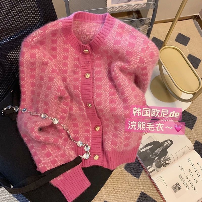 Áo cardigan kẻ hồng và tím áo len nữ cổ tròn, chất len mềm mịn hàng Quảng Châu có size to MT33 SP26