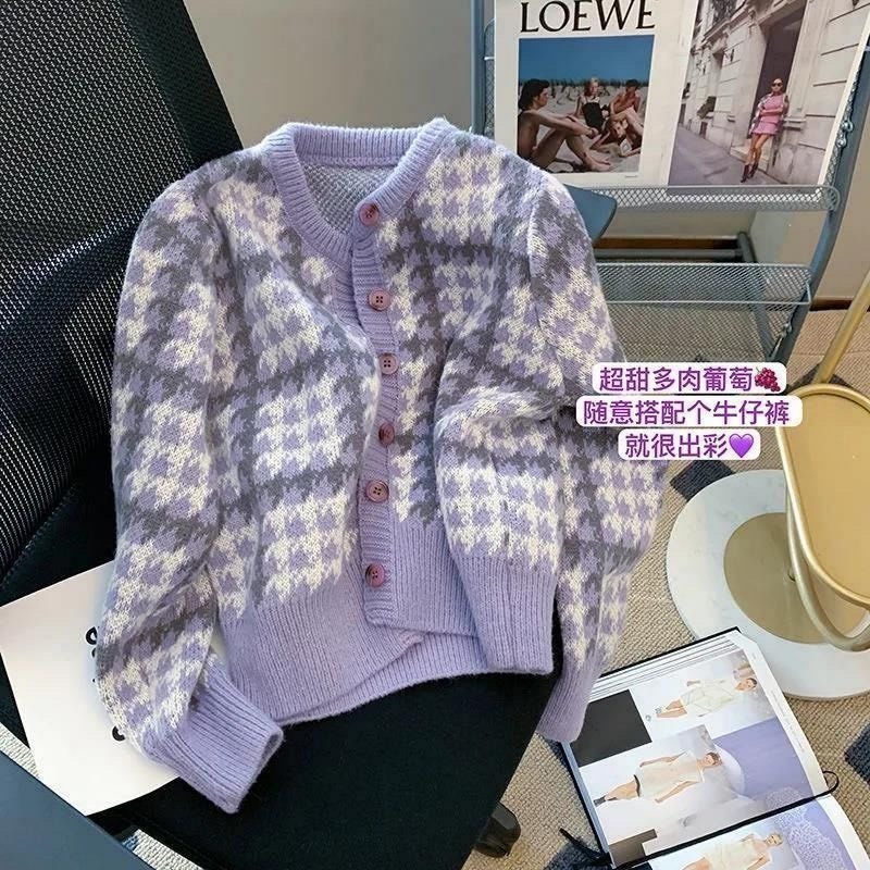 Áo cardigan kẻ hồng và tím áo len nữ cổ tròn, chất len mềm mịn hàng Quảng Châu có size to MT33 SP26