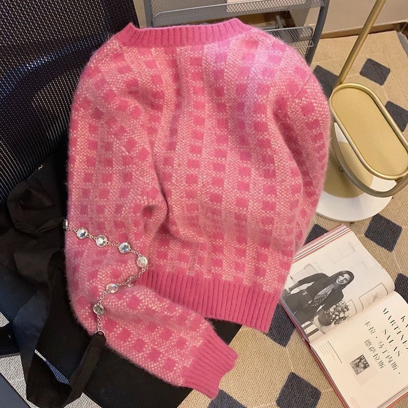 Áo cardigan kẻ hồng và tím áo len nữ cổ tròn, chất len mềm mịn hàng Quảng Châu có size to MT33 SP26