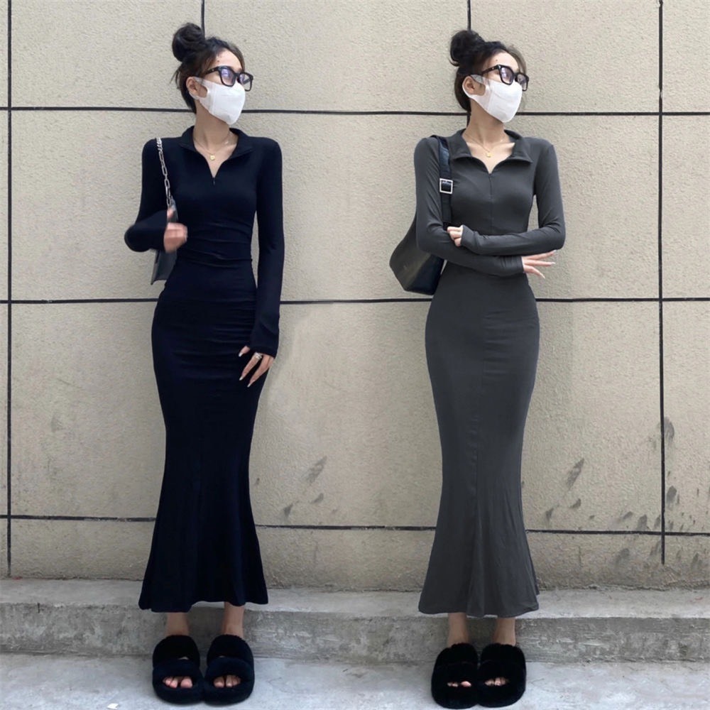 Váy đầm ôm body đuôi cá dáng dài liền thân phối khóa kéo phong cách Hàn Quốc hàng Quảng Châu tôn dáng 3 vòng MT33 SP68