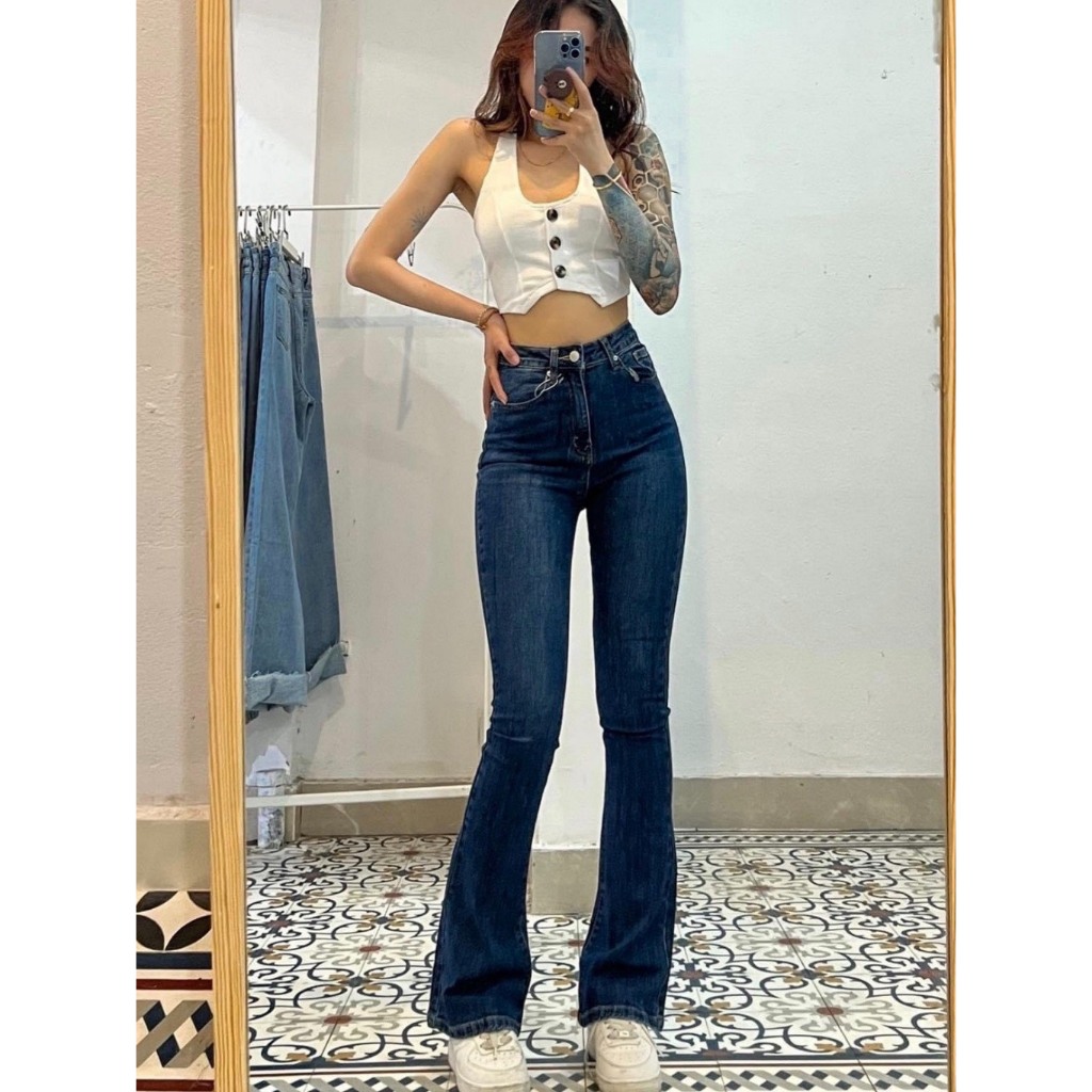 Quần jeans ống loe dáng dài cạp cao siêu tôn dáng mã mới 104
