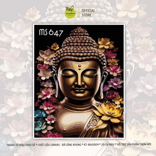 Tranh tô màu theo số 40x50cm đã căng khung - Tranh tô Đức Phật bên hoa T647