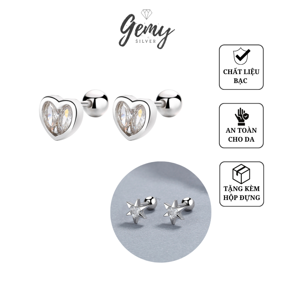 Khuyên tai nam nữ bạc 925 unisex chuôi bi vặn đính đá nhiều mẫu hình tim và hình sao (1 chiếc) | GEMYSILVER KN111