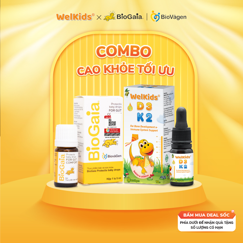 (Đã bán 498) Combo 1 Men vi sinh BioGaia Protectis Drops 5ml + 1 Vitamin D3K2 Welkids 10ml