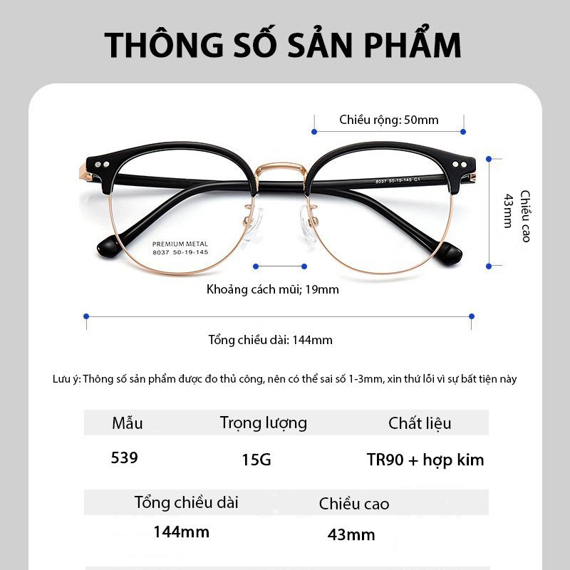 Gọng kính cận Clubmaster cao cấp phong cách Hàn Quốc chống tia UV và ánh sáng xanh siêu hit hot đẹp giá rẻ HANASO 536
