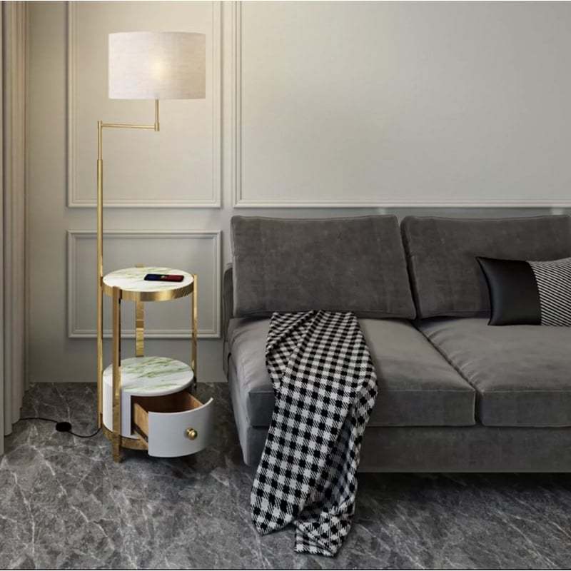 Đèn cây đứng Qled Đồng/Lụa cao cấp đế bát đá tự nhiên 3 chân có hộc tủ ( Tặng kèm bóng Led as vàng ấm)