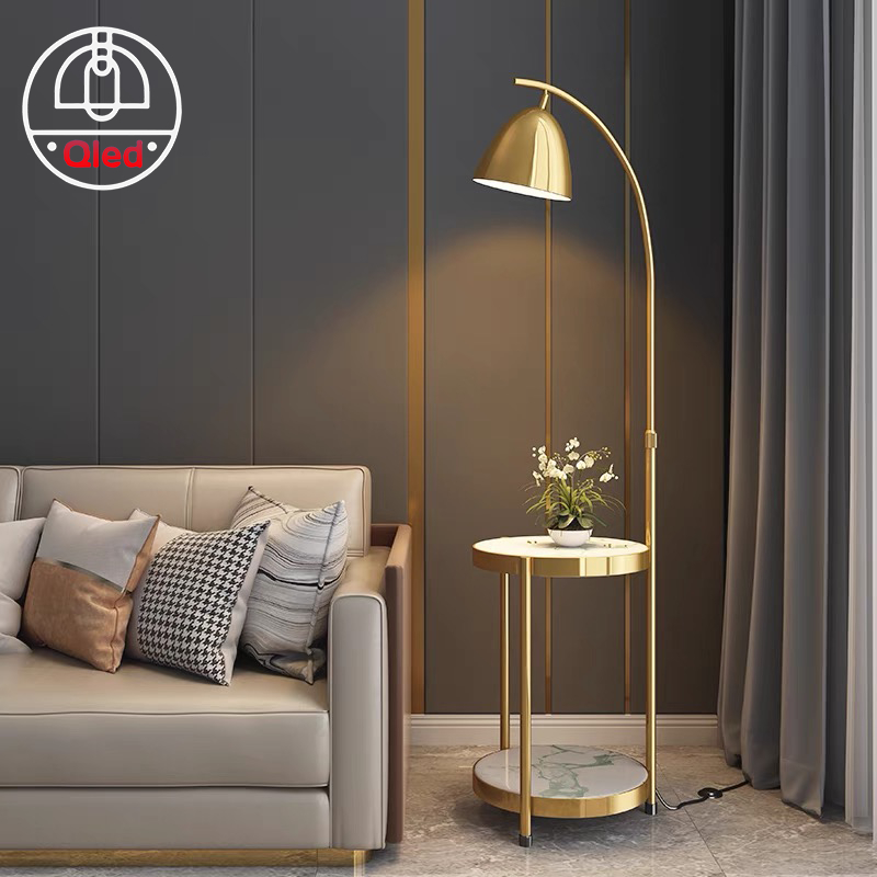 Đèn cây đứng Qled Đồng/Lụa cao cấp đế bát đá tự nhiên 3 chân có hộc tủ ( Tặng kèm bóng Led as vàng ấm)