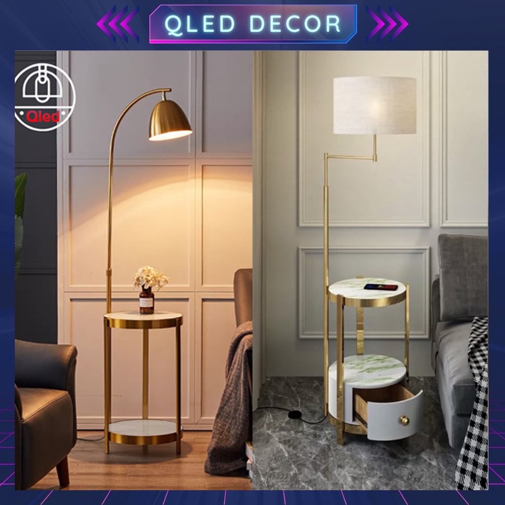 Đèn cây đứng Qled Đồng/Lụa cao cấp đế bát đá tự nhiên 3 chân có hộc tủ ( Tặng kèm bóng Led as vàng ấm)