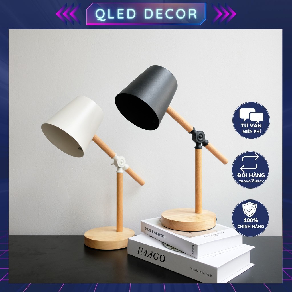 Đèn ngủ để bàn Qled đế gỗ chụp trụ thân gỗ tự nhiên đen/trắng style Hàn Quốc (Tặng kèm bóng)