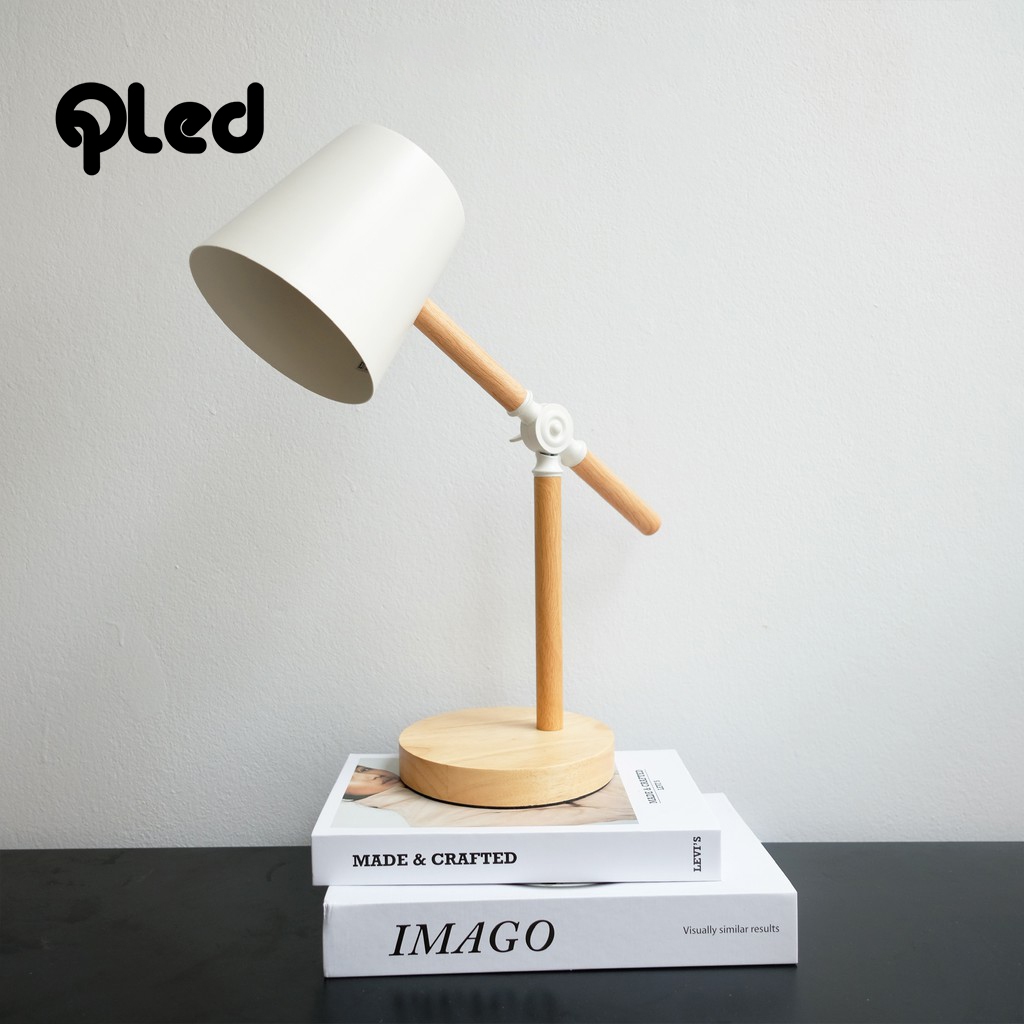 Đèn ngủ để bàn Qled đế gỗ chụp trụ thân gỗ tự nhiên đen/trắng style Hàn Quốc (Tặng kèm bóng)