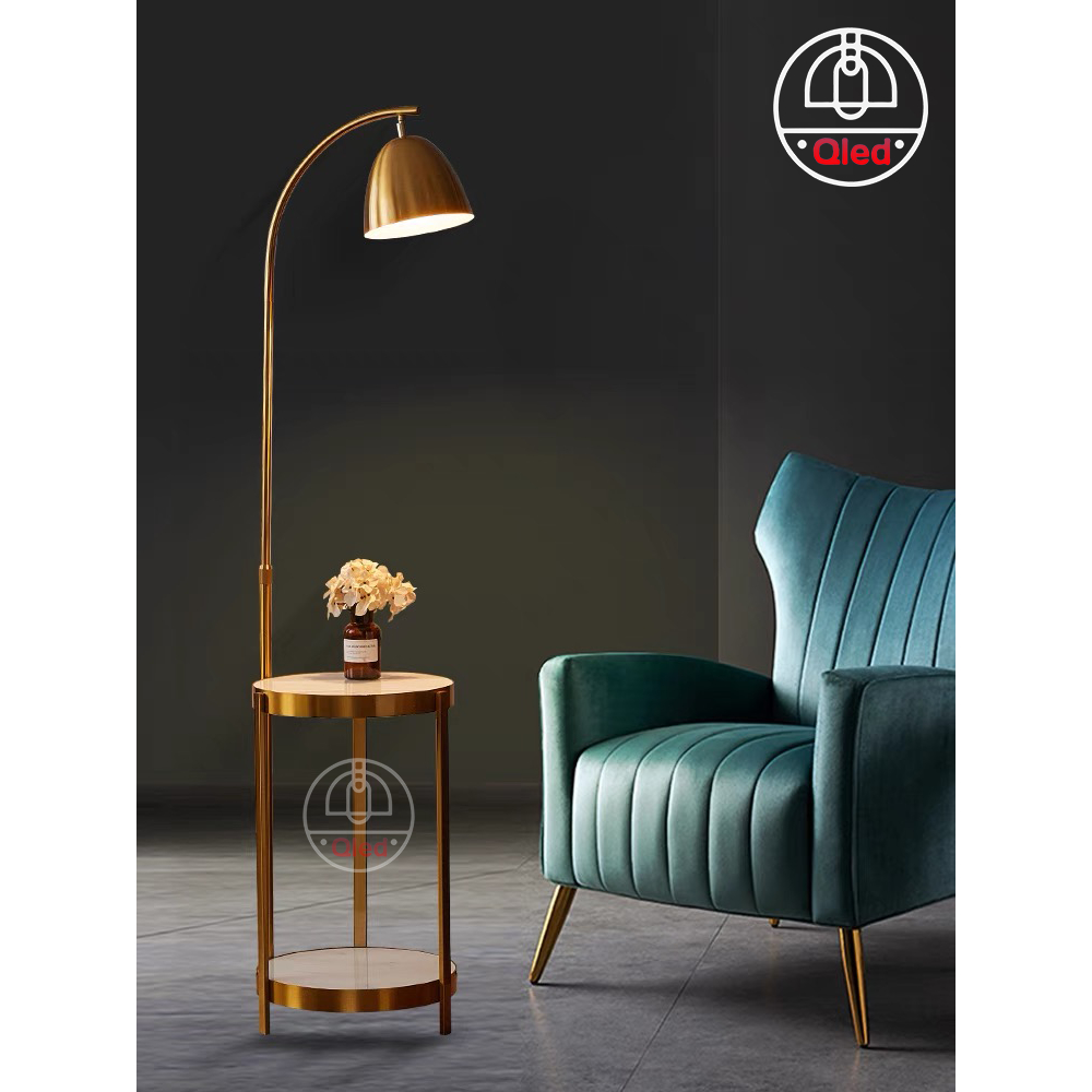 Đèn cây đứng Qled Đồng/Lụa cao cấp đế bát đá tự nhiên 3 chân có hộc tủ ( Tặng kèm bóng Led as vàng ấm)