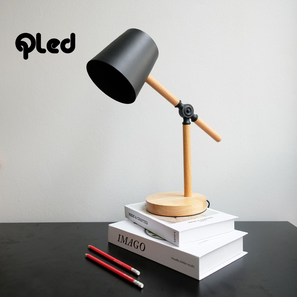 Đèn ngủ để bàn Qled đế gỗ chụp trụ thân gỗ tự nhiên đen/trắng style Hàn Quốc (Tặng kèm bóng)