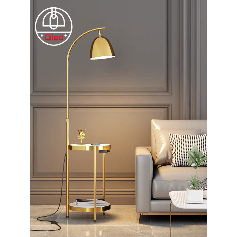 Đèn cây đứng Qled Đồng/Lụa cao cấp đế bát đá tự nhiên 3 chân có hộc tủ ( Tặng kèm bóng Led as vàng ấm)