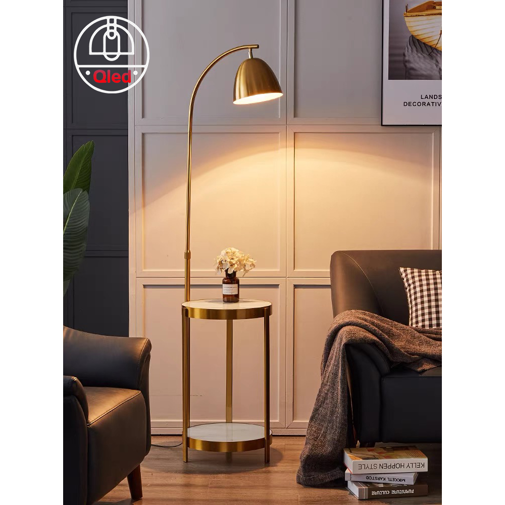 Đèn cây đứng Qled Đồng/Lụa cao cấp đế bát đá tự nhiên 3 chân có hộc tủ ( Tặng kèm bóng Led as vàng ấm)