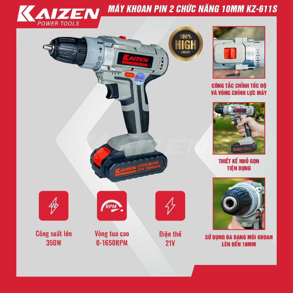 Máy khoan pin 2 chức năng Kaizen KZ-611S đầu 10mm chuyên vít thạch cao ...