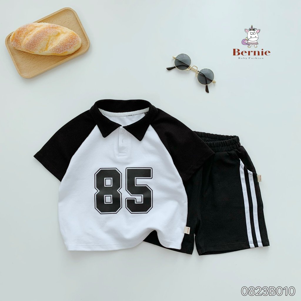 Bộ polo cộc tay in hoạ tiết số 85, bộ polo cộc thể thao khoẻ khoắn cho bé