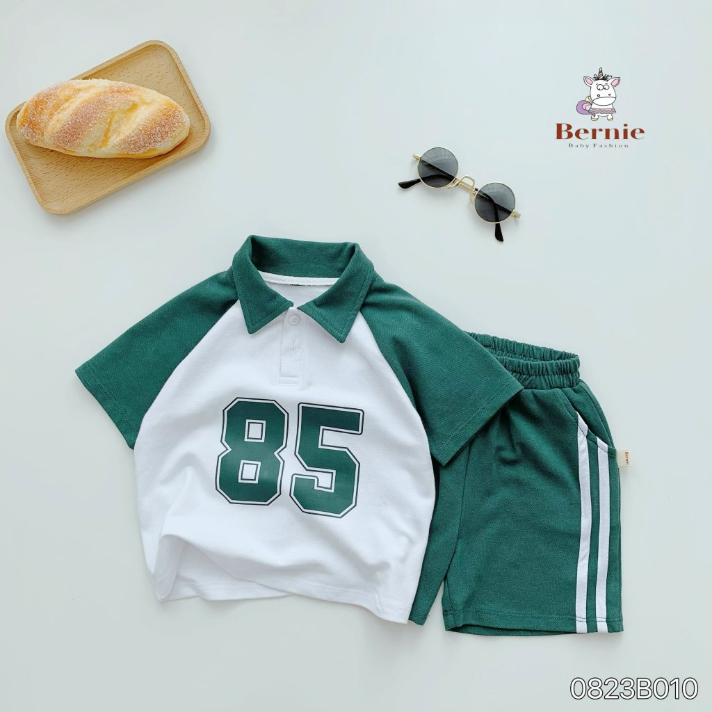 Bộ polo cộc tay in hoạ tiết số 85, bộ polo cộc thể thao khoẻ khoắn cho bé