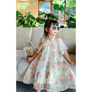 (Tết) Trang phục Tết, lễ hội cho bé. Đầm tơ lụa hoa hồng cam nút Ngọc siêu sang cho bé 10-40kg Sofia Candy