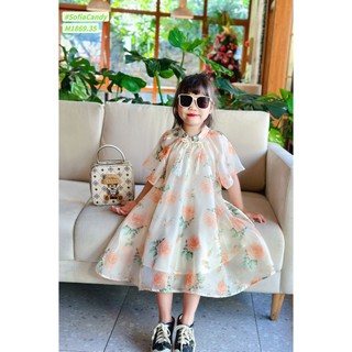 (Tết) Trang phục Tết, lễ hội cho bé. Đầm tơ lụa hoa hồng cam nút Ngọc siêu sang cho bé 10-40kg Sofia Candy