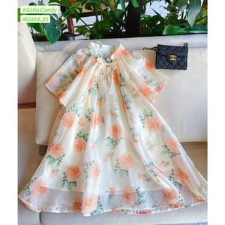 (Tết) Trang phục Tết, lễ hội cho bé. Đầm tơ lụa hoa hồng cam nút Ngọc siêu sang cho bé 10-40kg Sofia Candy
