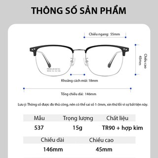 Gọng kính cận nửa viền nữ nam mắt vuông không độ chống tia UV ánh sáng xanh phong cách Hàn Quốc Hottrend HANASO 537