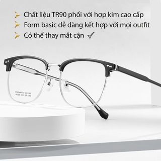 Gọng kính cận nửa viền nữ nam mắt vuông không độ chống tia UV ánh sáng xanh phong cách Hàn Quốc Hottrend HANASO 537