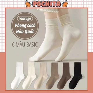Tất Cổ Cao Nữ, Vớ Cao Cổ Trơn Basic Phong Cách Vintage Thời Trang Hàn Quốc 6 Màu Đen Trắng Be Nâu Cho Mùa Hè Thu Đông