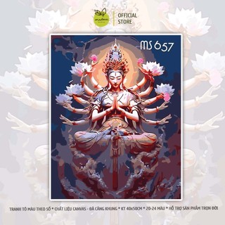 Tranh tô màu theo số 40x50cm đã căng khung - Tranh tô Phật Mẹ Quan Thế Âm Bồ Tát nhiều tay T657
