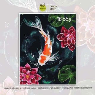 Tranh tô màu theo số 40x50cm đã căng khung - Tranh tô Cá Chép và Hoa Sen T665