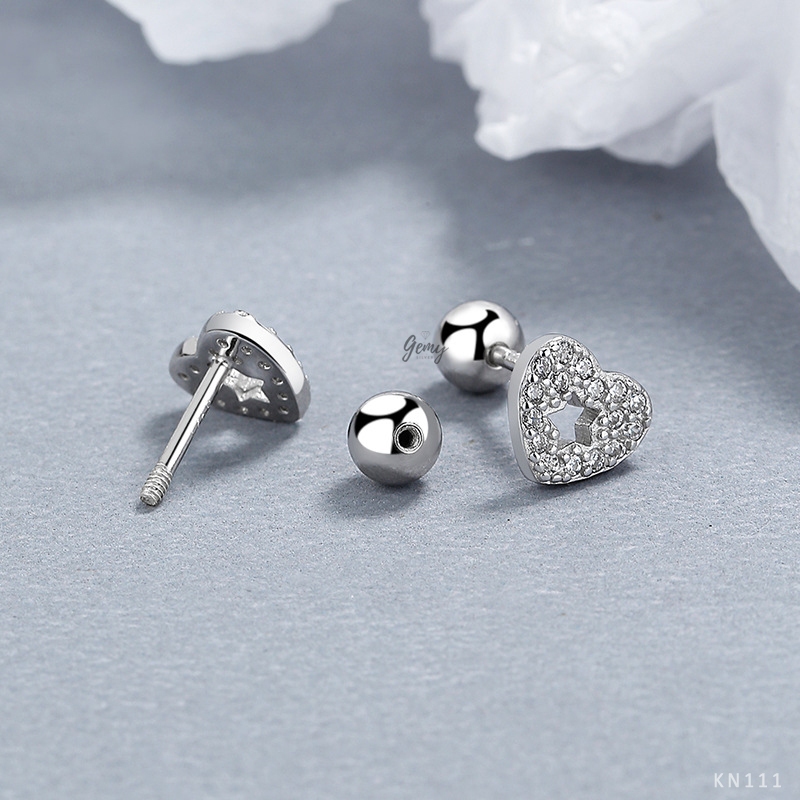 Khuyên tai nam nữ bạc 925 unisex chuôi bi vặn đính đá nhiều mẫu hình tim và hình sao (1 chiếc) | GEMYSILVER KN111