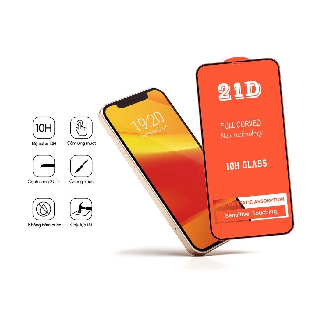 Kính cường lực 21D full màn cho ip 7plus/8plus/x/xs/xsmax/11/12/13/14/15/16/17/plus/pro/promax/air