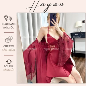 HT476 Set váy ngủ và áo choàng hoạ tiết ren kèm ĐỆM LÓT, bộ đồ lụa dáng xoè tôn dáng HT476 (69+53)