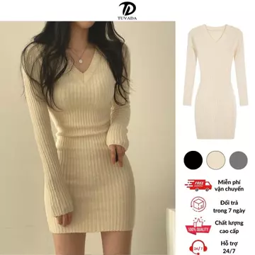 Váy body dáng ngắn dài tay , đầm body ngắn ôm dáng, váy len ôm body cổ V cao cấp Tuvada - VLCV89