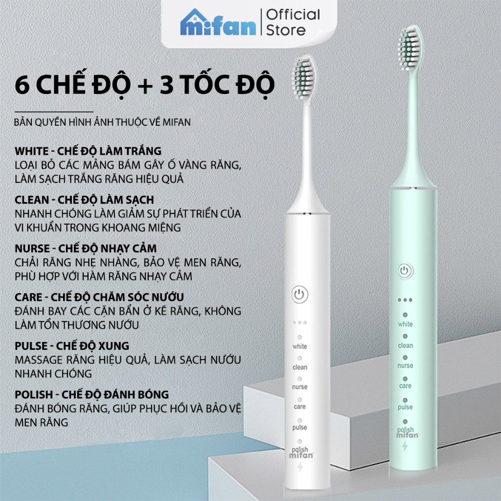 Bàn Chải Điện MIFAN Sonic X5 / X7 - Máy đánh răng sóng âm công nghệ Đức - Tặng kèm 3 đầu thay thế