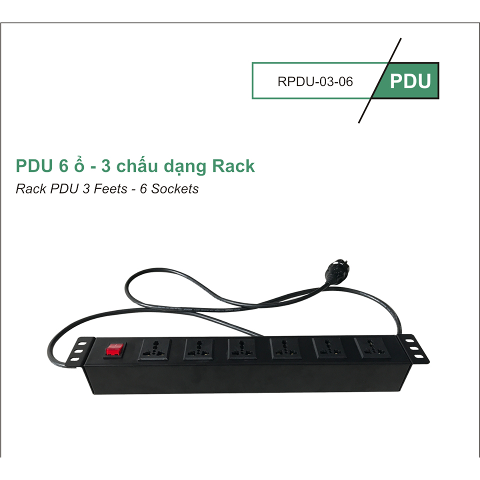 Ổ cắm điện PDU 6 ổ - 3 chấu dạng lắp tủ Rack - RPDU-03-06 - Input ~220 ...