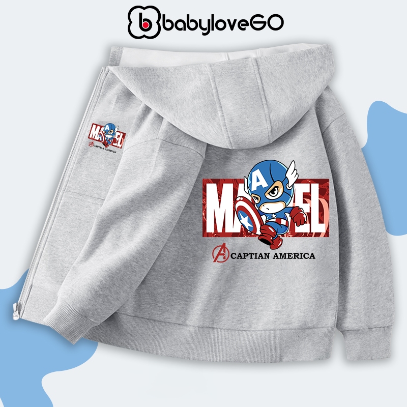 Áo khoác bé trai BabyloveGO 2025 áo khoác nỉ hai da in hình siêu anh hùng có mũ và khóa kéo