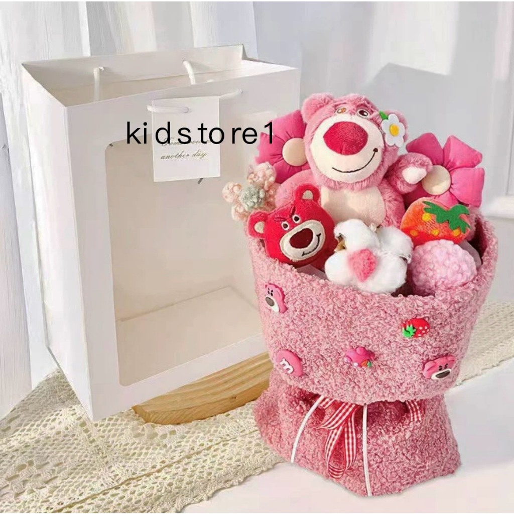 Bó hoa lotso nhồi bông nhiều màu sắc, bó hoa gấu dâu làm quà tặng bạn gái đáng yêu