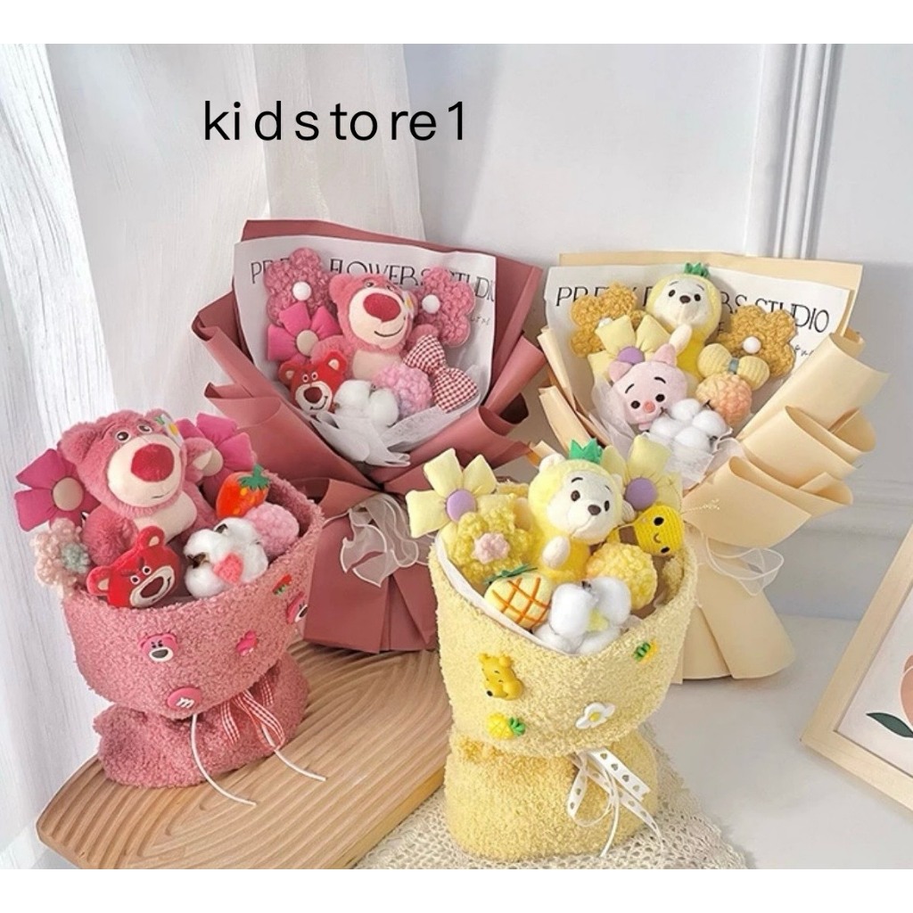 Bó hoa lotso nhồi bông nhiều màu sắc, bó hoa gấu dâu làm quà tặng bạn gái đáng yêu