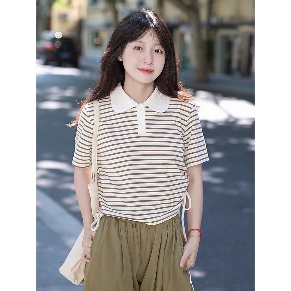 Áo polo nữ kẻ sọc ngang dáng lửng rút dâyJULY, Áó thun nữ polo cổ sen croptop sọc trẻ trung hàn quốc