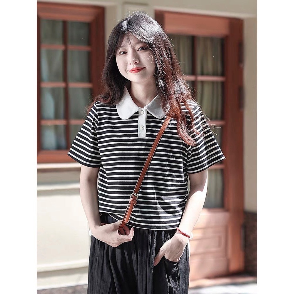 Áo polo nữ kẻ sọc ngang dáng lửng rút dâyJULY, Áó thun nữ polo cổ sen croptop sọc trẻ trung hàn quốc