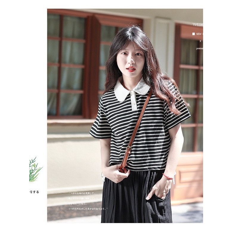 Áo polo nữ kẻ sọc ngang dáng lửng rút dâyJULY, Áó thun nữ polo cổ sen croptop sọc trẻ trung hàn quốc