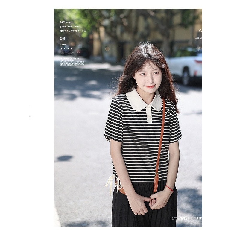 Áo polo nữ kẻ sọc ngang dáng lửng rút dâyJULY, Áó thun nữ polo cổ sen croptop sọc trẻ trung hàn quốc