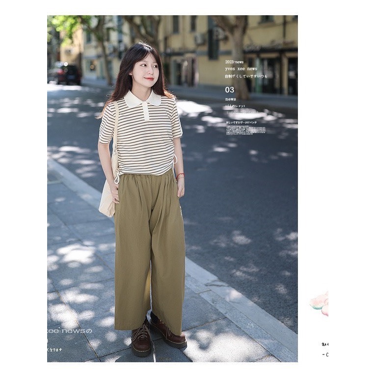 Áo polo nữ kẻ sọc ngang dáng lửng rút dâyJULY, Áó thun nữ polo cổ sen croptop sọc trẻ trung hàn quốc