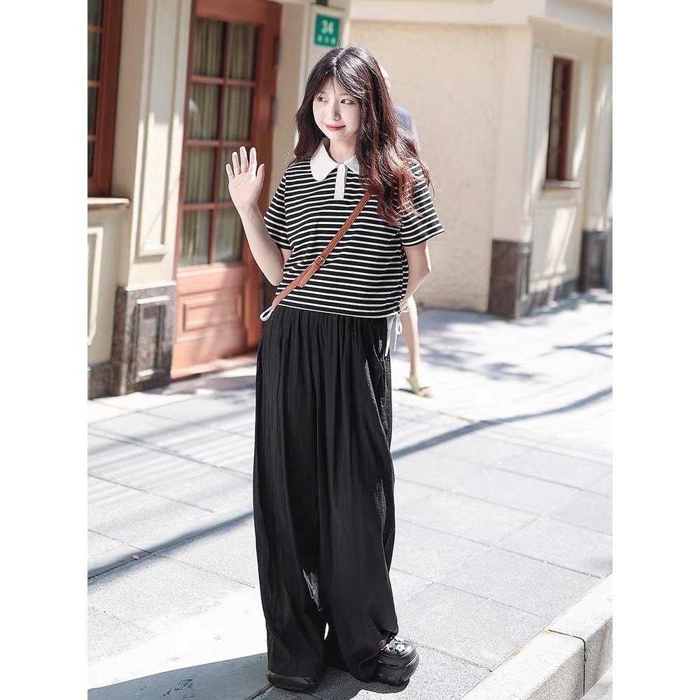 Áo polo nữ kẻ sọc ngang dáng lửng rút dâyJULY, Áó thun nữ polo cổ sen croptop sọc trẻ trung hàn quốc