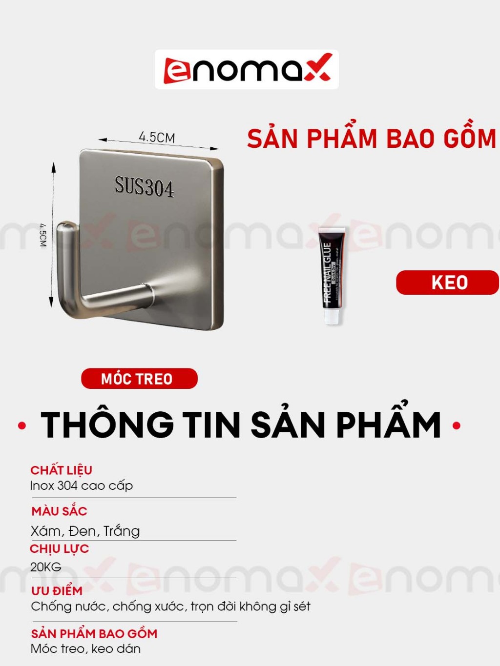 Ảnh Móc dán tường ENOMAX chịu lực treo đồ đa năng, chất liệu Inox 304, lắp đặt không cần khoan. Bảo hành 1 năm (Eno 0207) 3