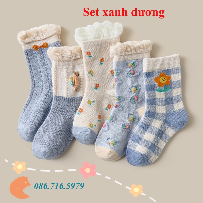 Set 5 đôi Tất trẻ em, loại MINLIU cao cấp, cotton mềm mịn, đẹp, dày dặn, vớ tất cho bé gái, trai, nhiều mẫu