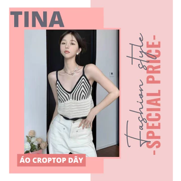 Áo Croptop Dây, Áo croptop Dây QC Họa Tiết Xinh Xắn, Áo Hai Dây Dáng Ngắn, Áo Ba Lỗ Nữ Họa Tiết Con Sò Phối Đen Kem Sang