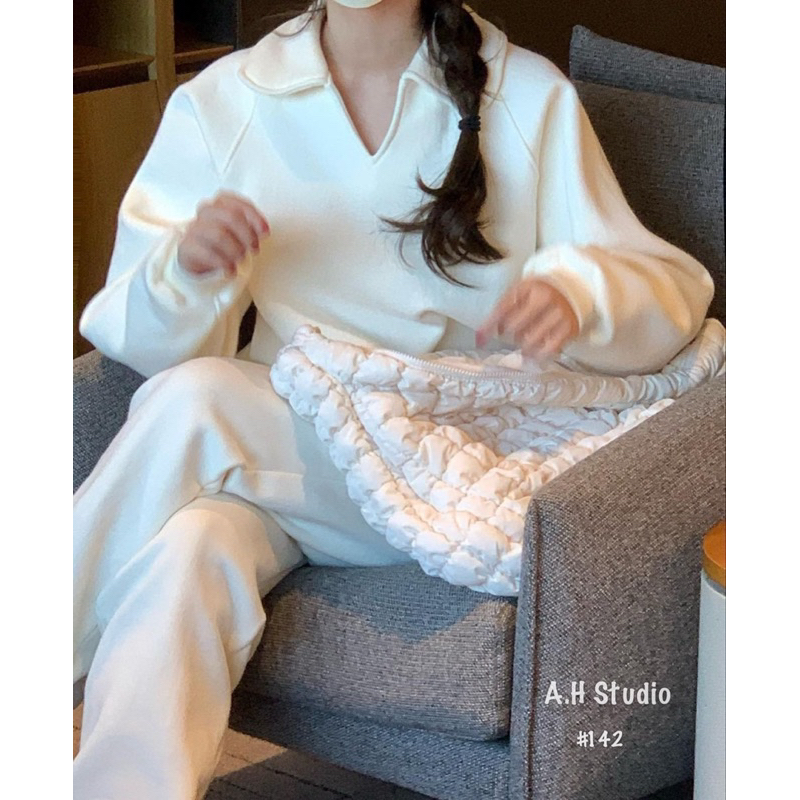 Set bộ : áo nỉ croptop cổ bẻ kèm quần bo gấu