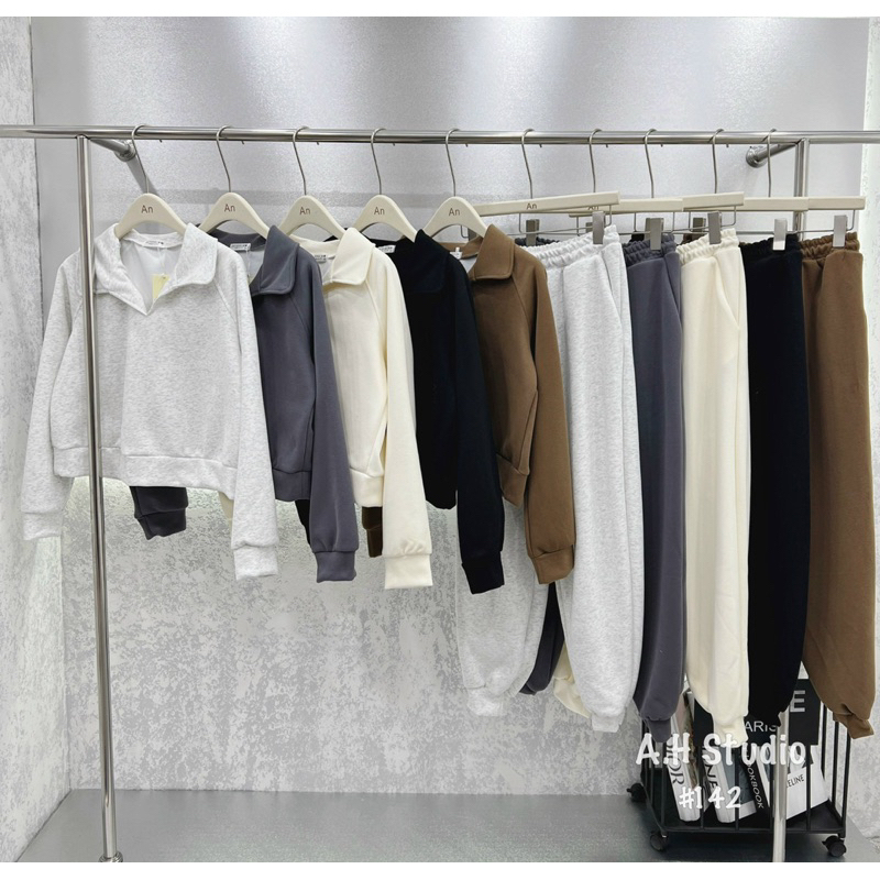 Set bộ : áo nỉ croptop cổ bẻ kèm quần bo gấu